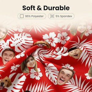 May include: A red fabric featuring a white tropical hibiscus and palm leaf pattern interspersed with various human and dog faces. The text Soft & Durable is at the top, with labels indicating 95% Polyester and 5% Spandex composition.