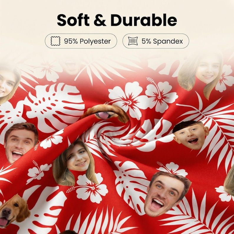 May include: A red fabric featuring a white tropical hibiscus and palm leaf pattern interspersed with various human and dog faces. The text Soft & Durable is at the top, with labels indicating 95% Polyester and 5% Spandex composition.