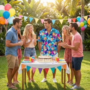 May include: A short-sleeved button-down shirt featuring a vibrant blue tropical pattern with pink hibiscus flowers and repeating custom photo faces of babies and dogs. The shirt is worn by a person standing behind a birthday cake on a table.