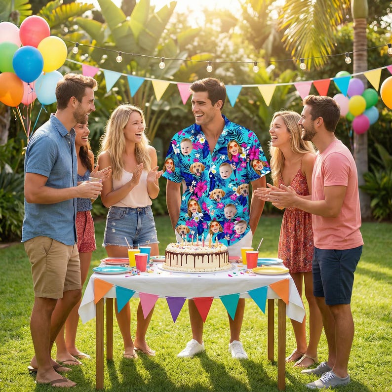 May include: A short-sleeved button-down shirt featuring a vibrant blue tropical pattern with pink hibiscus flowers and repeating custom photo faces of babies and dogs. The shirt is worn by a person standing behind a birthday cake on a table.