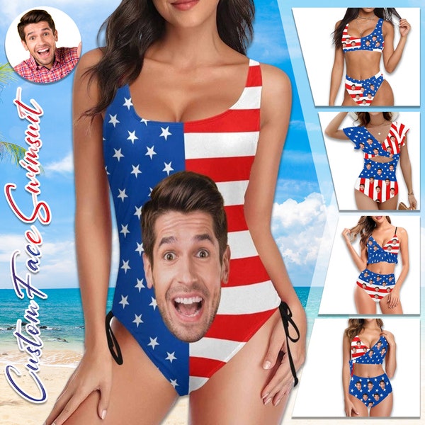 Custom Big Face Swimsuit Women,American Flag Design Swimsuit,Personalized One Piece Top Tank Face Bathing Suit,Independence Day Party Bikini