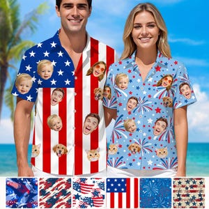 May include: Two button-down shirts with a patriotic theme. One shirt features the American flag design, while the other is light blue with stars and fireworks. Both shirts have custom faces printed on them.