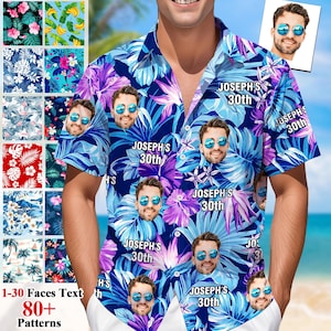 May include: A short-sleeve button-down shirt featuring a dark blue tropical leaf pattern with purple hibiscus flowers. The shirt is customized with a repeating photo of a person wearing blue sunglasses and the text "JOSEPH'S 30th" printed repeatedly.