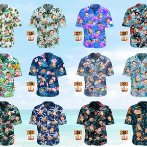 May include: A collection of twelve short-sleeved button-down shirts featuring various tropical floral patterns and repeating custom face prints. Each shirt is labeled with a numbered wooden sign from 25 to 36, showcasing diverse color palettes.