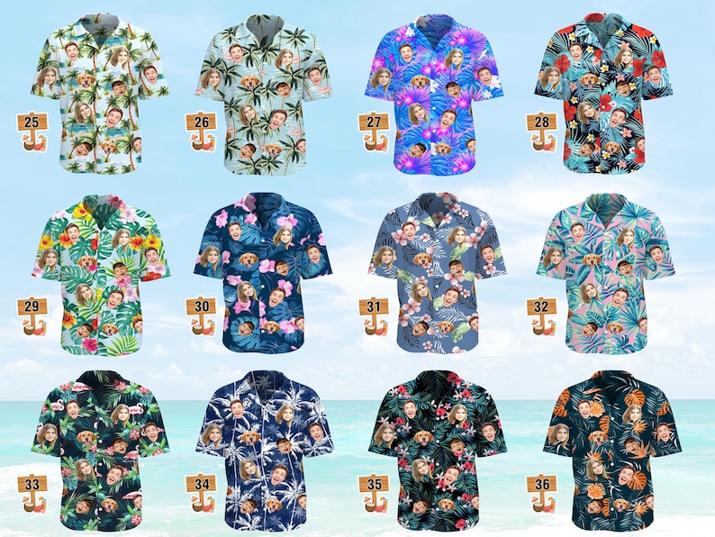 May include: A collection of twelve short-sleeved button-down shirts featuring various tropical floral patterns and repeating custom face prints. Each shirt is labeled with a numbered wooden sign from 25 to 36, showcasing diverse color palettes.
