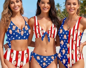 Custom Face American Flag Swimsuit, Personalized Women's Bikini, 4th of July Swimwear
