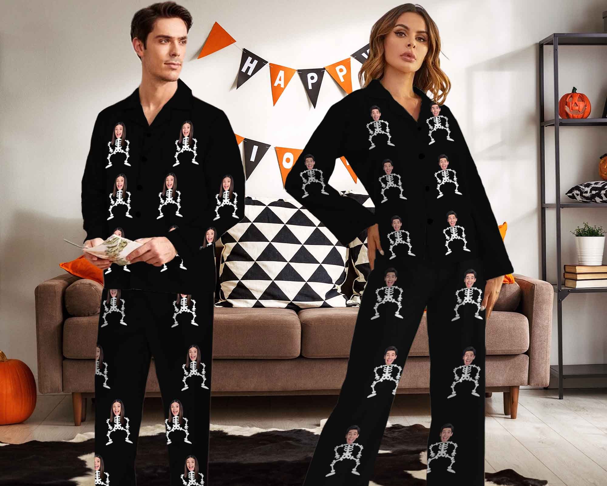 Halloween Pajamas Custom Pajama Set Personalized Pajama Set Custom Couples  Pajamas Pumpkin Party Long Sleeve PJS Face on PJS Christmas Gift 