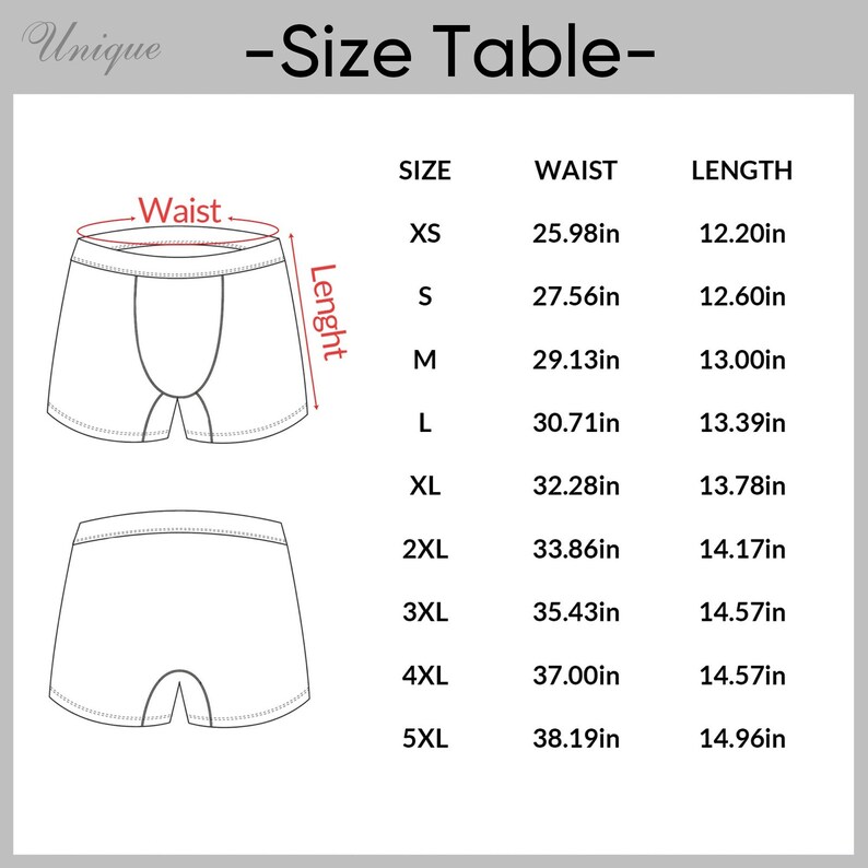 May include: Size chart for underwear with measurements in inches. The chart shows waist and length measurements for sizes XS to 5XL.