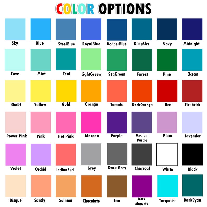 May include: A color chart with 48 different color swatches, each labeled with its name. The colors are arranged in rows and columns, with the names of the colors listed below each swatch.