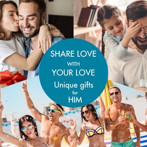 May include: A collage of images featuring couples and groups of people. The text "SHARE LOVE WITH YOUR LOVE" and "Unique gifts for HIM" is displayed on a blue circle. The images show people enjoying gifts and spending time together.