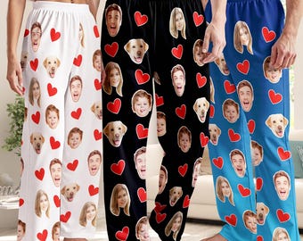 Custom Face Pajama Pants with Heart Print: Personalized Family Photo Lounge Pants,Mother's day