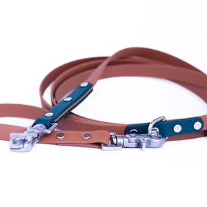 Peut inclure: Une laisse pour chien marron et sarcelle avec des fermoirs et des accents en métal argenté. La laisse est fabriquée dans un matériau souple et est conçue pour les propriétaires d'animaux. Le design présente une palette de couleurs bicolores.