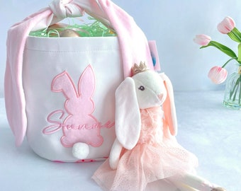 Panier de Pâques personnalisé avec nom, panier de Pâques monogrammé, panier de Pâques brodé seersucker, panier de chasse aux œufs, seau de Pâques, lapin