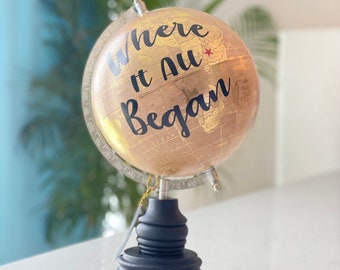 World globe, 8", Wedding guest book, Valentine's day gift, white and gold, graduation gift, OUR JOURNEY BEGINS/Love makes the world go round