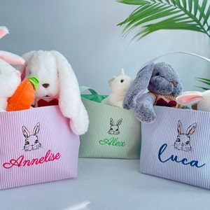 Seersucker Easter Basket, Embroidered Easter Basket with name, Personalized Easter Bucket, Egg Hunt Basket, Easter Basket with bunny rabbit