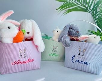 Seersucker Easter Basket, Embroidered Easter Basket with name, Personalized Easter Bucket, Egg Hunt Basket, Easter Basket with bunny rabbit