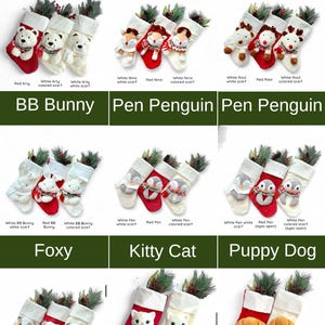 May include: Christmas stockings with animal designs. Each stocking has a red body and cuff, with white detailing and a plush animal character. Animals include a bear, fox, bunny, penguin, cat, and puppy. Festive decorations are included.