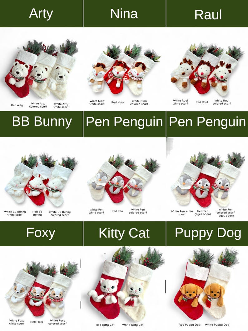 May include: Christmas stockings with animal designs. Each stocking has a red body and cuff, with white detailing and a plush animal character. Animals include a bear, fox, bunny, penguin, cat, and puppy. Festive decorations are included.