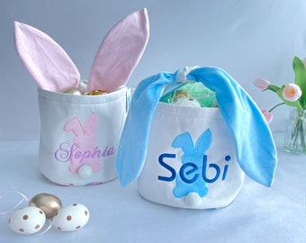 Monogrammed Easter Basket, Embroidered Easter Basket, Custom Easter Basket with name, Seersucker Egg Hunt Basket, Easter Bucket Bunny Rabbit