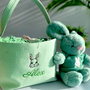 May include: Green and white striped Easter basket with a bunny and the name Alex embroidered on the front. The basket is filled with green grass and a green plush bunny is sitting next to it.