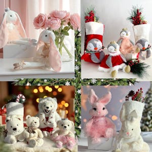 May include: A selection of soft toys featuring bunnies, penguins, and polar bears. The bunnies are in pink and white, with long ears. The penguins wear red and grey outfits. The polar bears are white, some with tutus. Christmas stockings are also included.