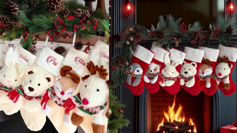 May include: Festive Christmas stockings with animal faces, such as a bear and reindeer, hang above a fireplace. The red stockings have white cuffs and embroidered names. The mantel is decorated with greenery and pine cones.