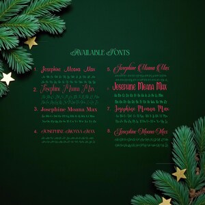May include: A dark green background with the text "AVAILABLE FONTS" and eight pink font samples. The fonts are named "Josephine Moana Max". The image is decorated with pine branches and gold stars.