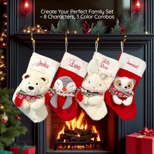 May include: Four personalised Christmas stockings hang above a fireplace. Each red stocking has a white cuff with a name embroidered in red. The stockings feature plush animal characters: a polar bear, penguin, bunny, and dog, each wearing a festive scarf.