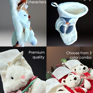 May include: White plush Christmas stockings with 3D character designs, including a reindeer, penguin, and polar bear. Each stocking has a sturdy lining and a long ribbon for hanging. Choose from 3 colour combinations.