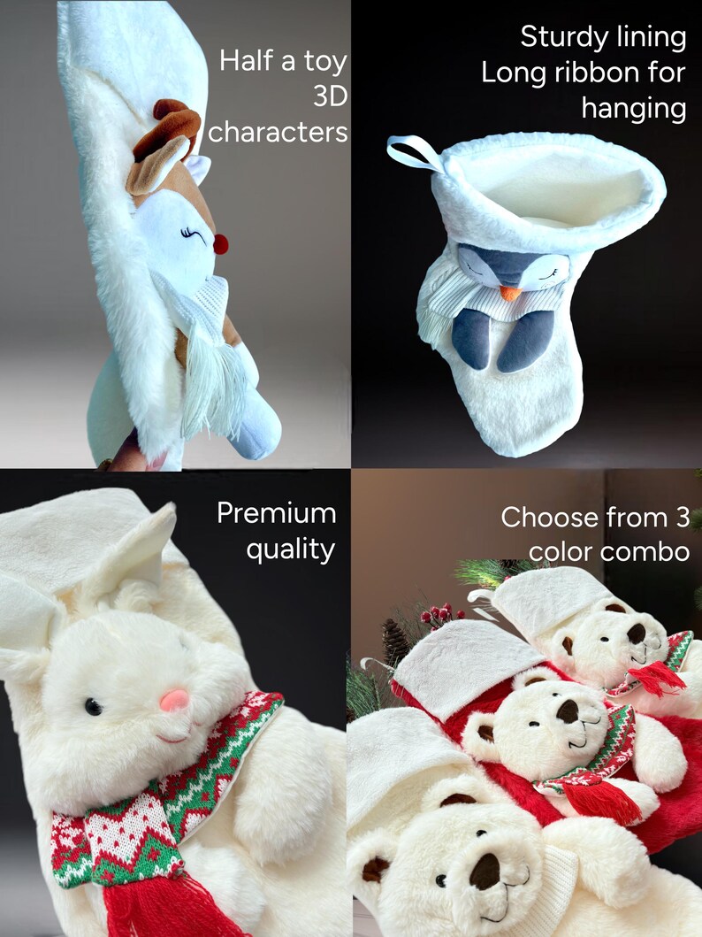 May include: White plush Christmas stockings with 3D character designs, including a reindeer, penguin, and polar bear. Each stocking has a sturdy lining and a long ribbon for hanging. Choose from 3 colour combinations.