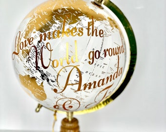 World globe, 8", Wedding guest book, Valentine's day gift, white and gold, graduation gift, OUR JOURNEY BEGINS/Love makes the world go round