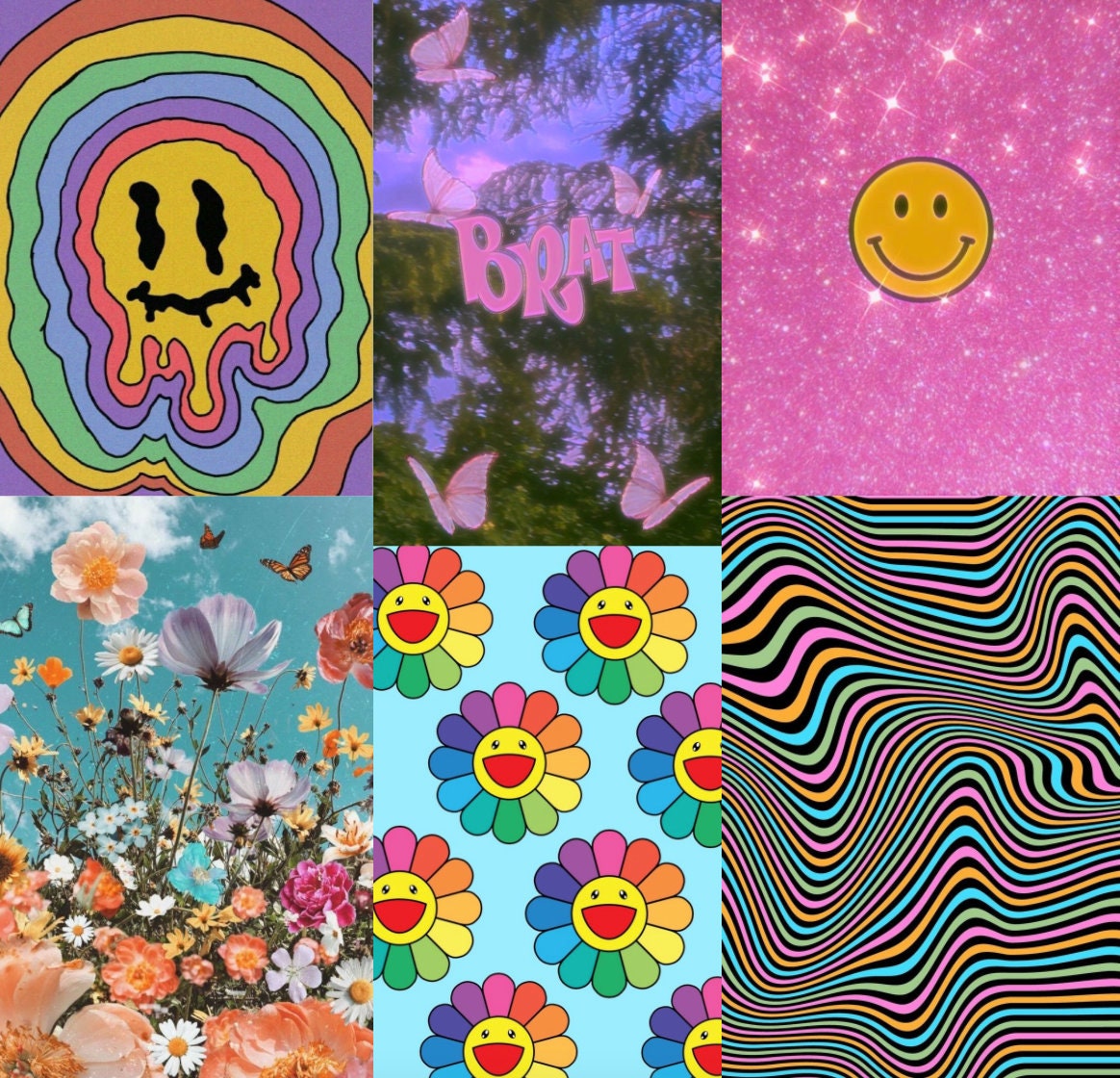 Retro Rainbow Vibes Aesthetic Wall Collage Kit Descarga Digital 70pcs