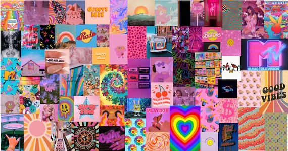 Retro Rainbow Vibes Aesthetic Wall Collage Kit Digital 