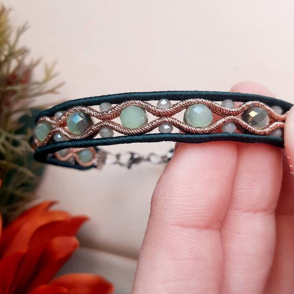 Bracciale soutache, verde scuro, verde salvia e oro rosa