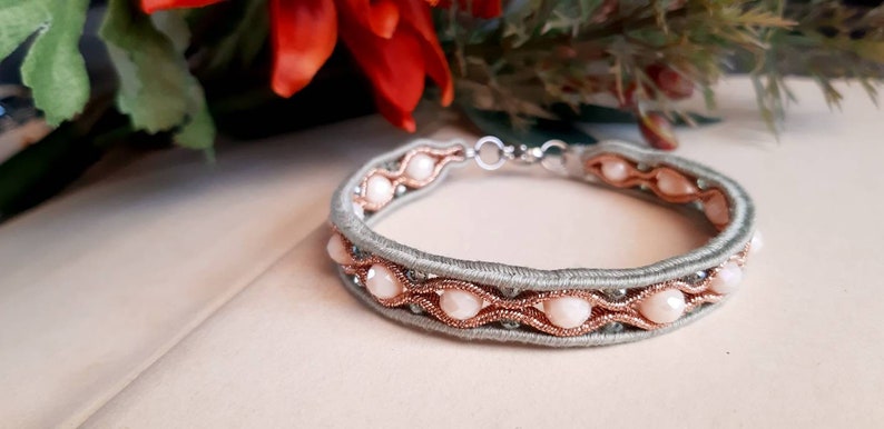 Soutache bracelet, sage green, powder pink and rose gold image 1