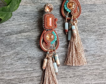 Soutache and crochet earrings, long, with tassels and stones, GloriaHMjewelry