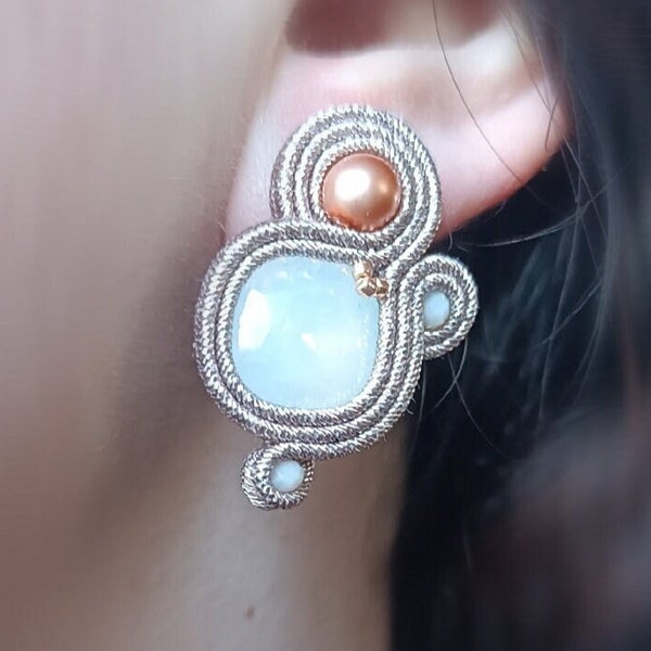 Small soutache earrings, neutral colors, GloriaHMjewelry