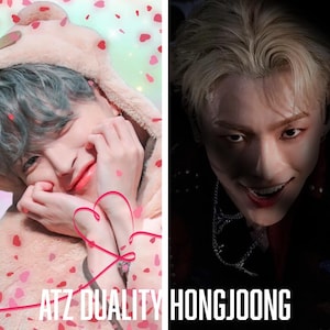 May include: A split image featuring two contrasting portraits. The left side shows a person in a light brown hooded outfit with a bear design, surrounded by pink heart-shaped confetti. The right side displays a person with blonde hair, a dark background, and the text "ATZ DUALITY HONGJOONG".