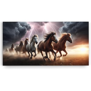 Herde wilder Pferde, die laufen Panorama Malerei lange horizontale Leinwand Druck - Pferde Kunstwerk Wand dekor gerahmt fertig zum Aufhängen