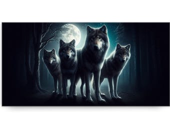 Arte de pared misterioso de lobos a la luz de la luna para el hogar - Impresión en lienzo grande de lobos en el bosque - Obra de arte de manada de lobos nocturna para amantes de la naturaleza - Rústico