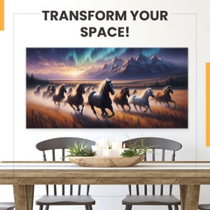 Herde wilder Pferde, die laufen Panorama Malerei lange horizontale Leinwand Druck - Pferde Kunstwerk Wand dekor gerahmt fertig zum Aufhängen