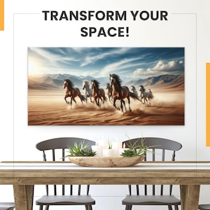 Herde wilder Pferde, die laufen Panorama Malerei lange horizontale Leinwand Druck - Pferde Kunstwerk Wand dekor gerahmt fertig zum Aufhängen