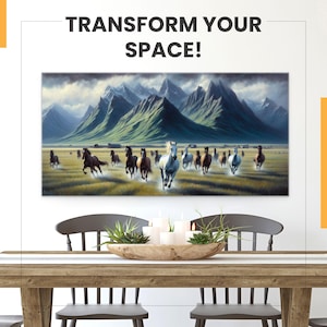 Herde wilder Pferde, die laufen Panorama Malerei lange horizontale Leinwand Druck - Pferde Kunstwerk Wand dekor gerahmt fertig zum Aufhängen
