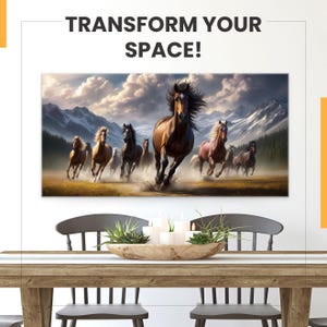 Herde wilder Pferde, die laufen Panorama Malerei lange horizontale Leinwand Druck - Pferde Kunstwerk Wand dekor gerahmt fertig zum Aufhängen
