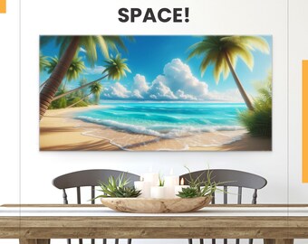 Hermoso paisaje marino con olas en la playa, palmeras en la playa, cielo azul, diseño moderno, decoración del hogar, impresión en lienzo, arte de pared, colgante de pared extra grande