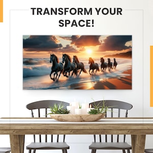Herde wilder Pferde, die laufen Panorama Malerei lange horizontale Leinwand Druck - Pferde Kunstwerk Wand dekor gerahmt fertig zum Aufhängen