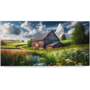 Rustikale Bauernhaus Scheune Landschaft Leinwand - Vintage Bauernhaus Scheune Wand Kunstdruck - Idyllische ländliche Landschaft mit Wildblumen Dekor - Alte Holz Scheune