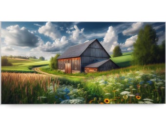 May include: A rustic wooden barn with a red roof sits on a grassy hill with wildflowers in the foreground. The barn is surrounded by a lush green field and a winding dirt road.