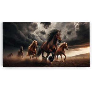 Herde wilder Pferde, die laufen Panorama Malerei lange horizontale Leinwand Druck - Pferde Kunstwerk Wand dekor gerahmt fertig zum Aufhängen