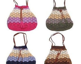 Handmade Straw Shoulder Bucket Handbag Bohemian Style - Mulicolor Blue